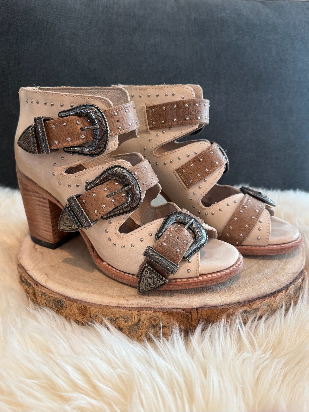 Freebird by Steven Beige and Brown Studded Buckle Sandals